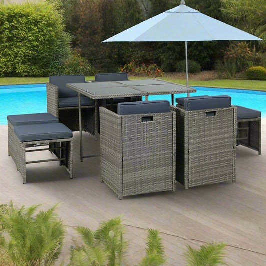 Waltham 8-Seater Table Chairs Patio Lounge Setting Furniture 9-Piece Outdoor Dining Set - Grey