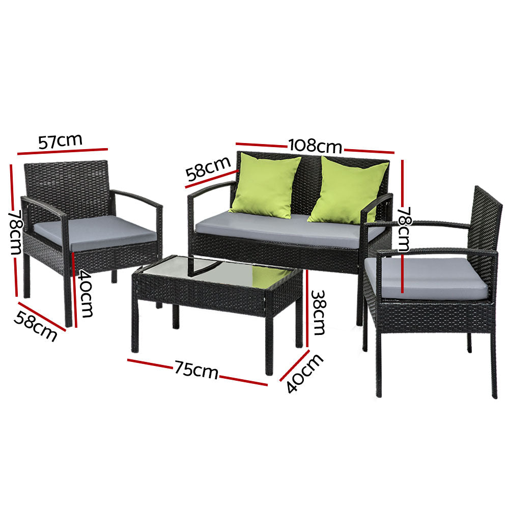 Dover 4-Seater Lounge Setting Garden Patio Wicker Cover Table Chairs 4-Piece Outdoor Furniture with Storage Cover - Black