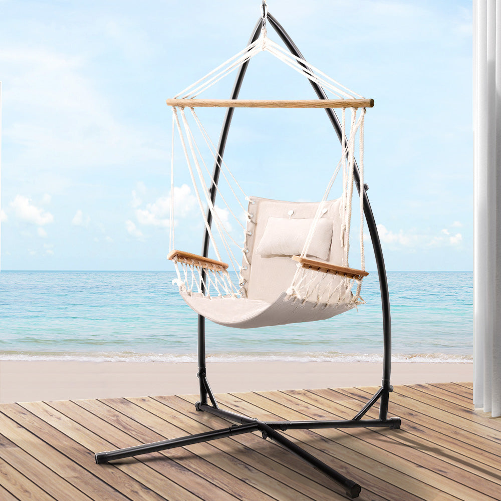 Hammock Chair with Steel Stand Armrest Outdoor Hanging - Cream