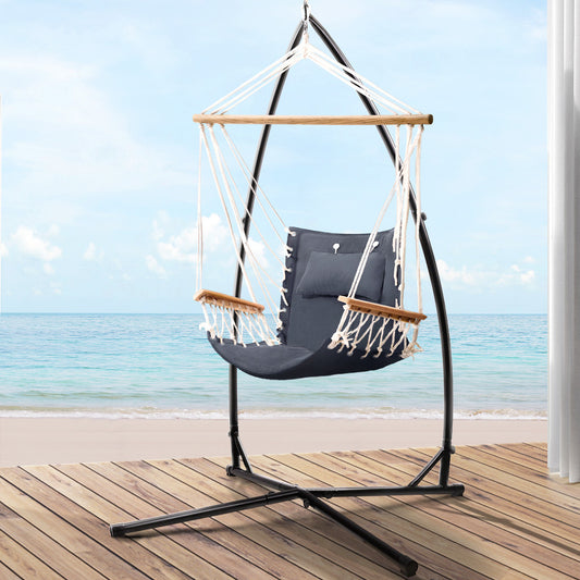 Hammock Chair with Steel Stand Armrest Outdoor Hanging - Grey