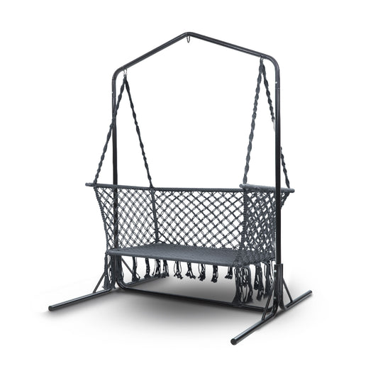 2-Seater Hammock Chair with Stand Macrame Outdoor Garden - Grey