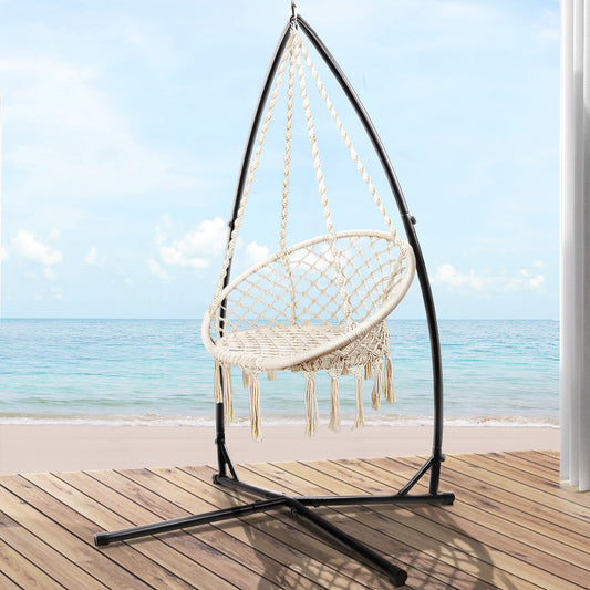 Hammock Chair with Steel Stand Macrame Outdoor Swinging - Cream