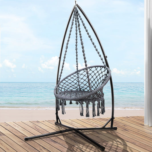 Hammock Chair with Steel Stand Macrame Outdoor Swinging - Grey