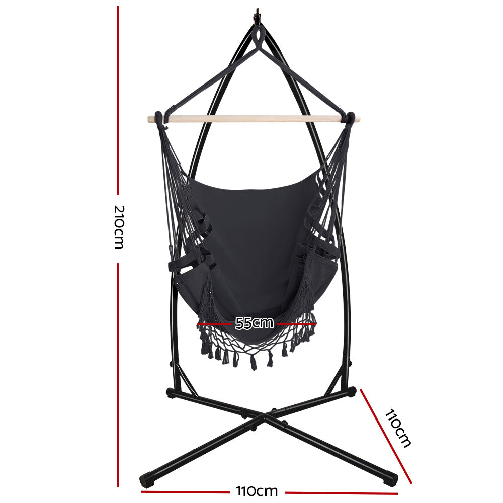 Hammock Chair with Steel Stand Hanging Outdoor Tassel - Grey