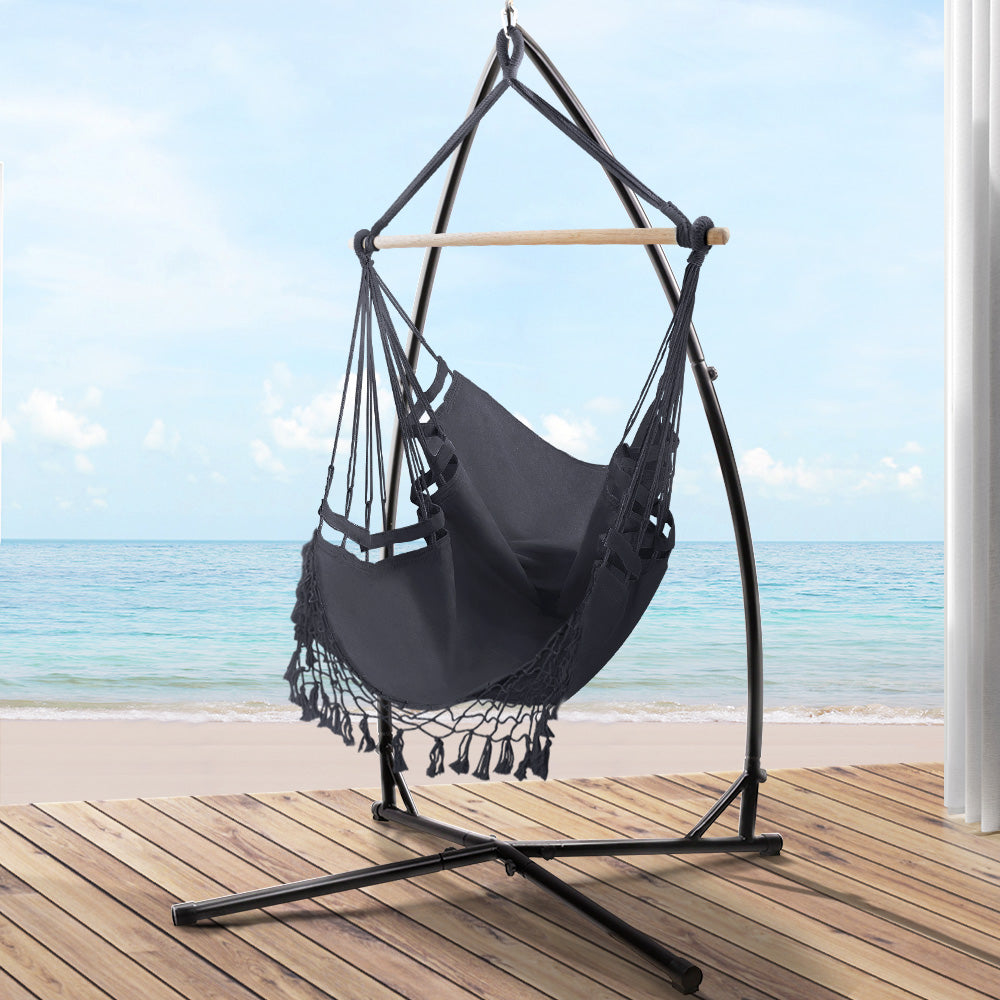 Hammock Chair with Steel Stand Hanging Outdoor Tassel - Grey