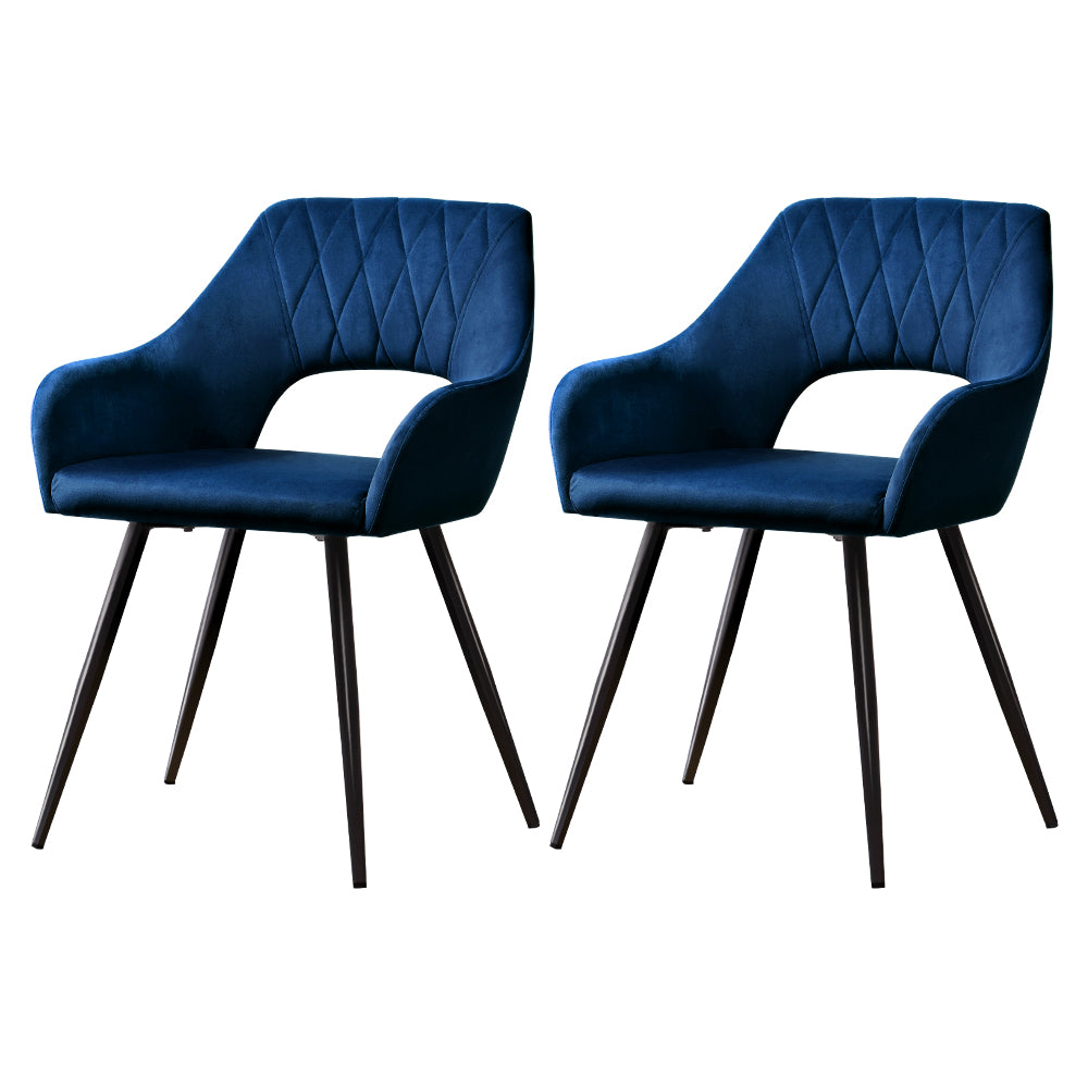 Piper Set of 2 Dining Chairs Velvet Hollow Armchair - Blue