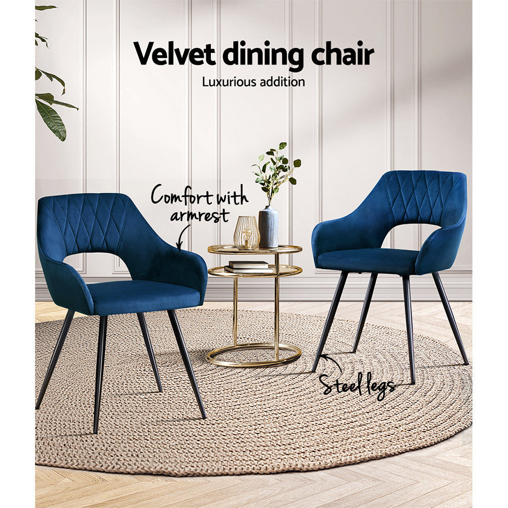 Piper Set of 2 Dining Chairs Velvet Hollow Armchair - Blue
