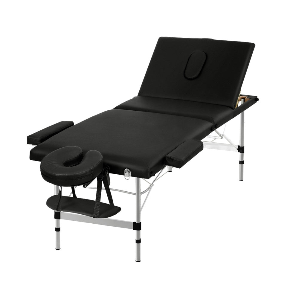 Massage Table 65cm Portable 3 Fold Aluminium Beauty Bed - Black