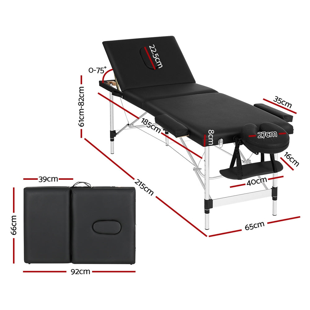 Massage Table 65cm Portable 3 Fold Aluminium Beauty Bed - Black