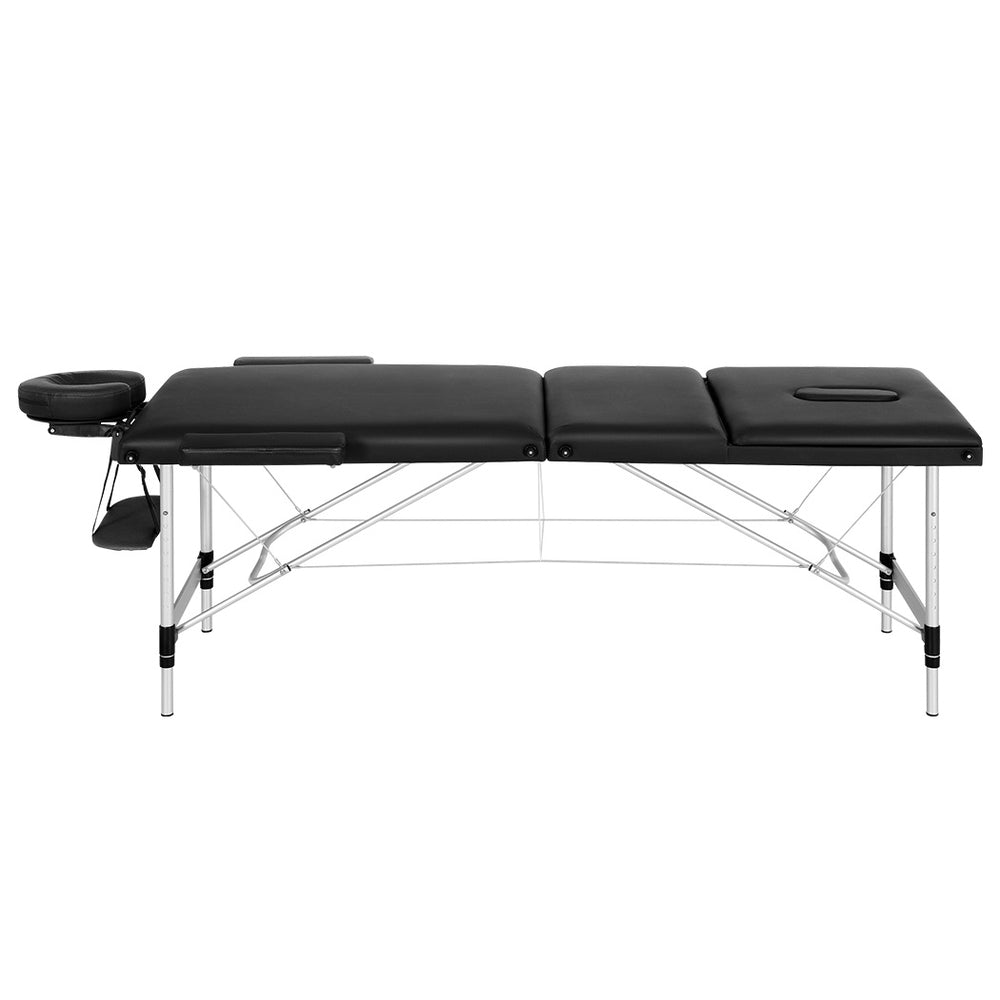 Massage Table 65cm Portable 3 Fold Aluminium Beauty Bed - Black