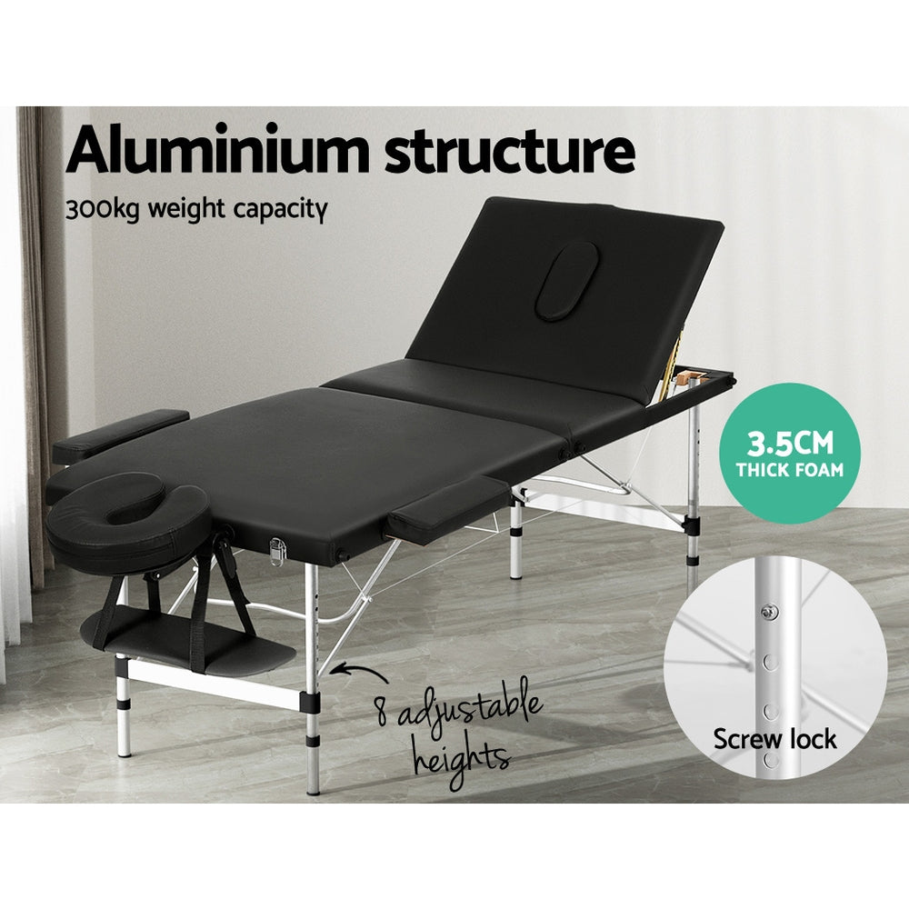 Massage Table 65cm Portable 3 Fold Aluminium Beauty Bed - Black