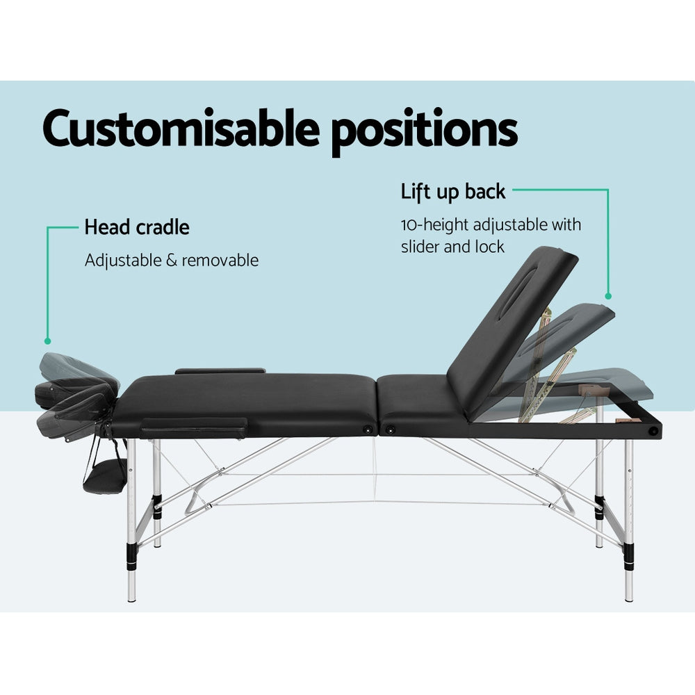 Massage Table 65cm Portable 3 Fold Aluminium Beauty Bed - Black