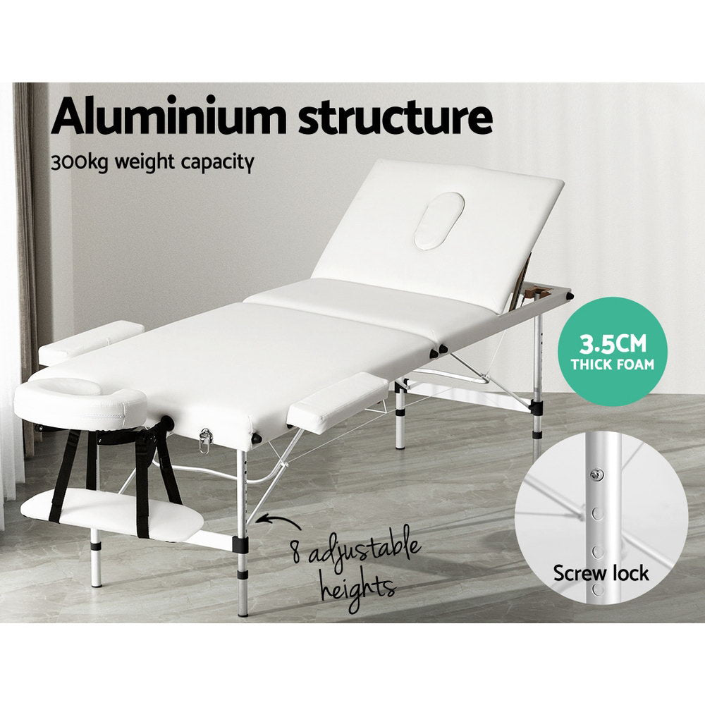 Massage Table 65cm Portable 3 Fold Aluminium Beauty Bed - White