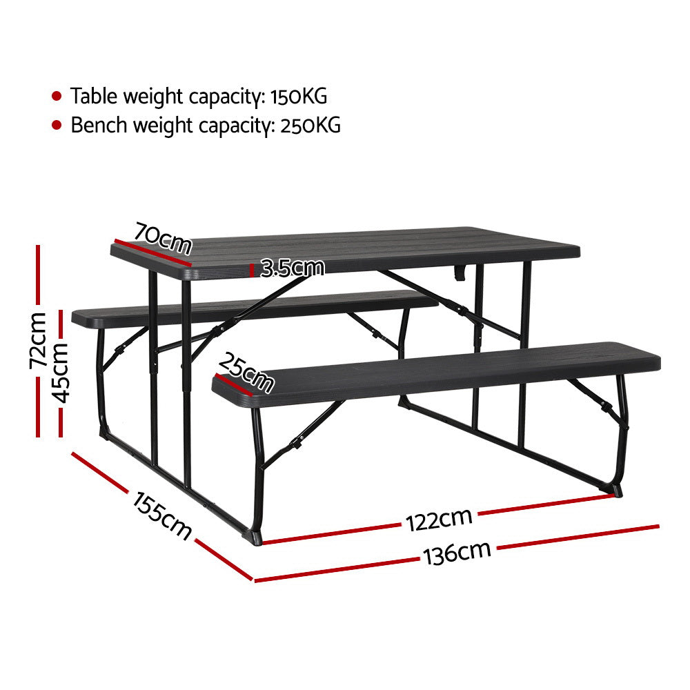 Holden 4-Seater Picnic Patio Bench Camp Folding Table 3-Piece Outdoor Dining Set - Black