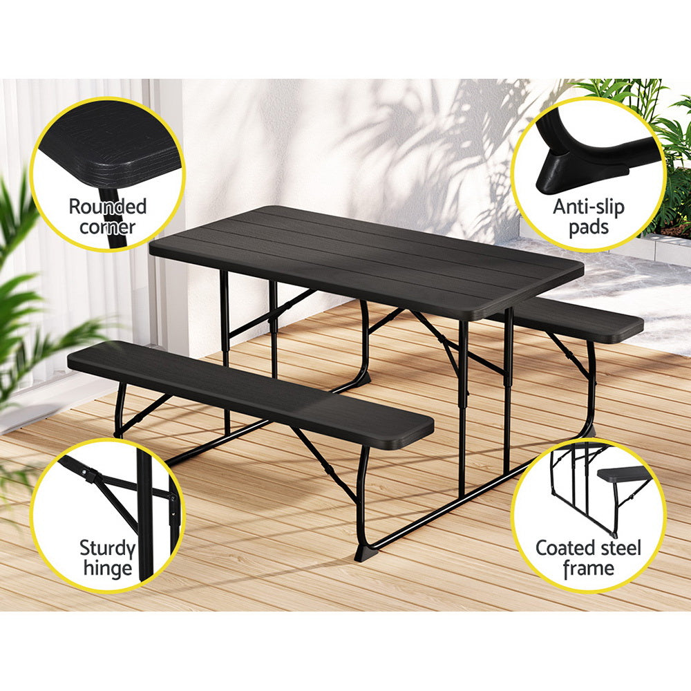 Holden 4-Seater Picnic Patio Bench Camp Folding Table 3-Piece Outdoor Dining Set - Black