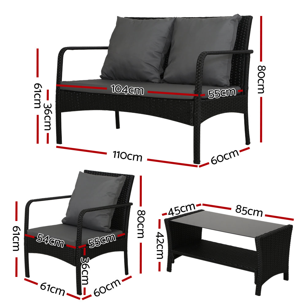 Camborne 4-Seater Furniture Lounge Table Chairs Garden Patio Wicker Sofa 4-Piece Outdoor Sofa - Black