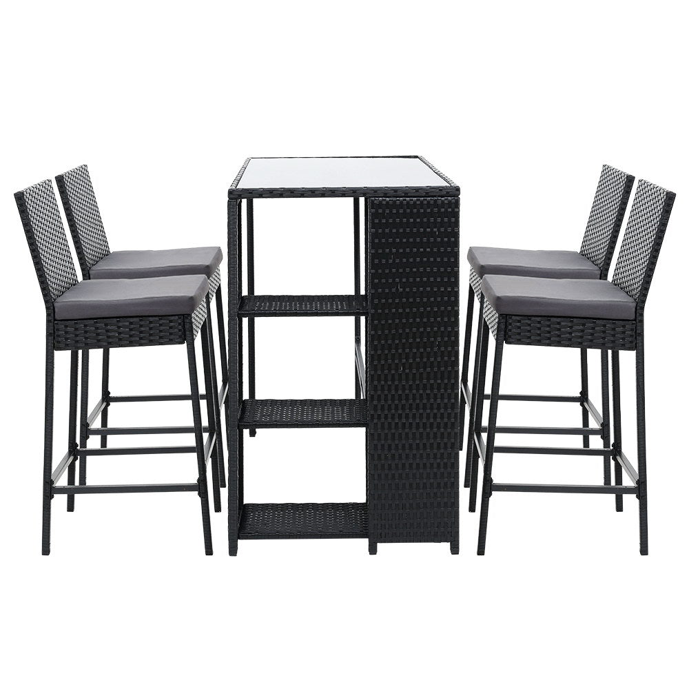 Mark 4-Seater Table Stools Furniture Chairs Wicker Patio Garden 5-Piece Outdoor Bar Set - Black