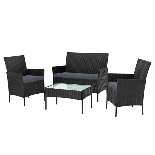 Justin 4-Seater Wicker Setting Table Chair Furniture 4-Piece Outdoor Sofa Set - Black