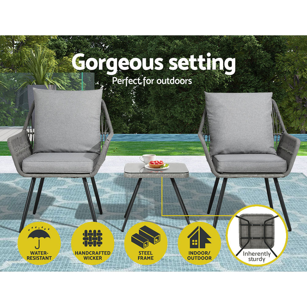 Dionne 2-Seater Chairs Table Patio 3-Piece Outdoor Furniture - Grey