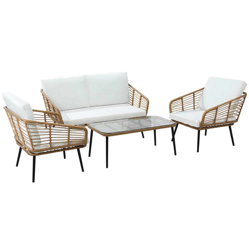 Houda 4-Seater Furniture Rattan Table Chairs 4-Piece Outdoor Sofa - Wood
