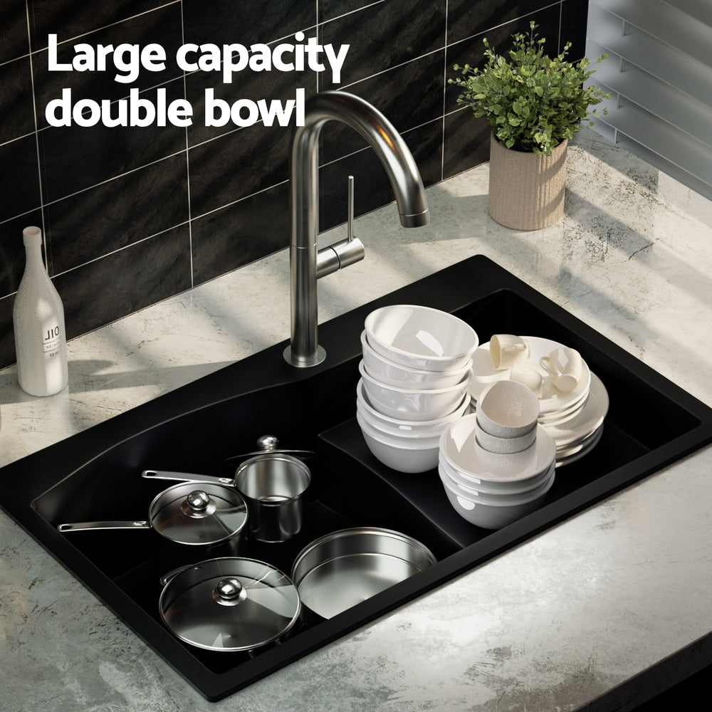 Kitchen Sink 74x45cm Granite Stone Basin Single Bowl Laundry - Black