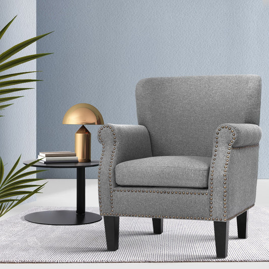 May Retro Accent Linen Fabric Lounge Armchair - Grey