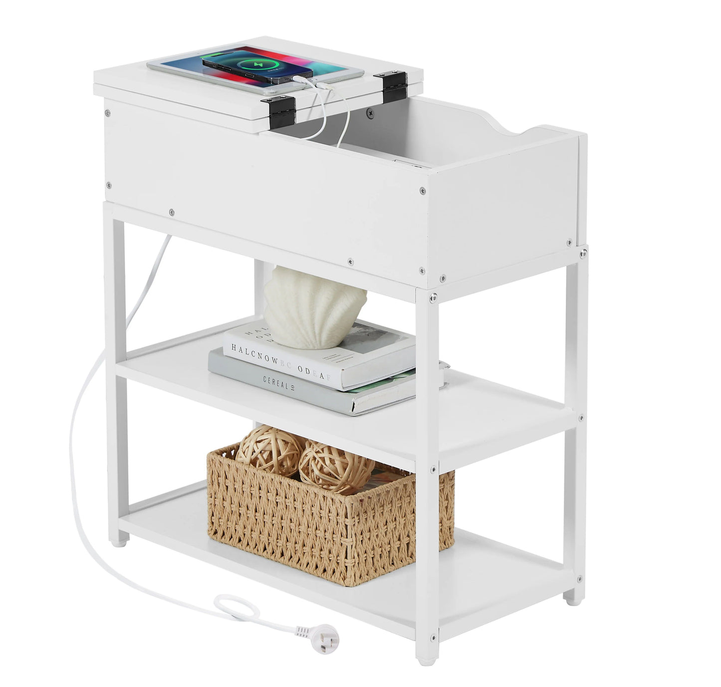 Robson Bedside Tables Multi-Tier with Powerboard - White