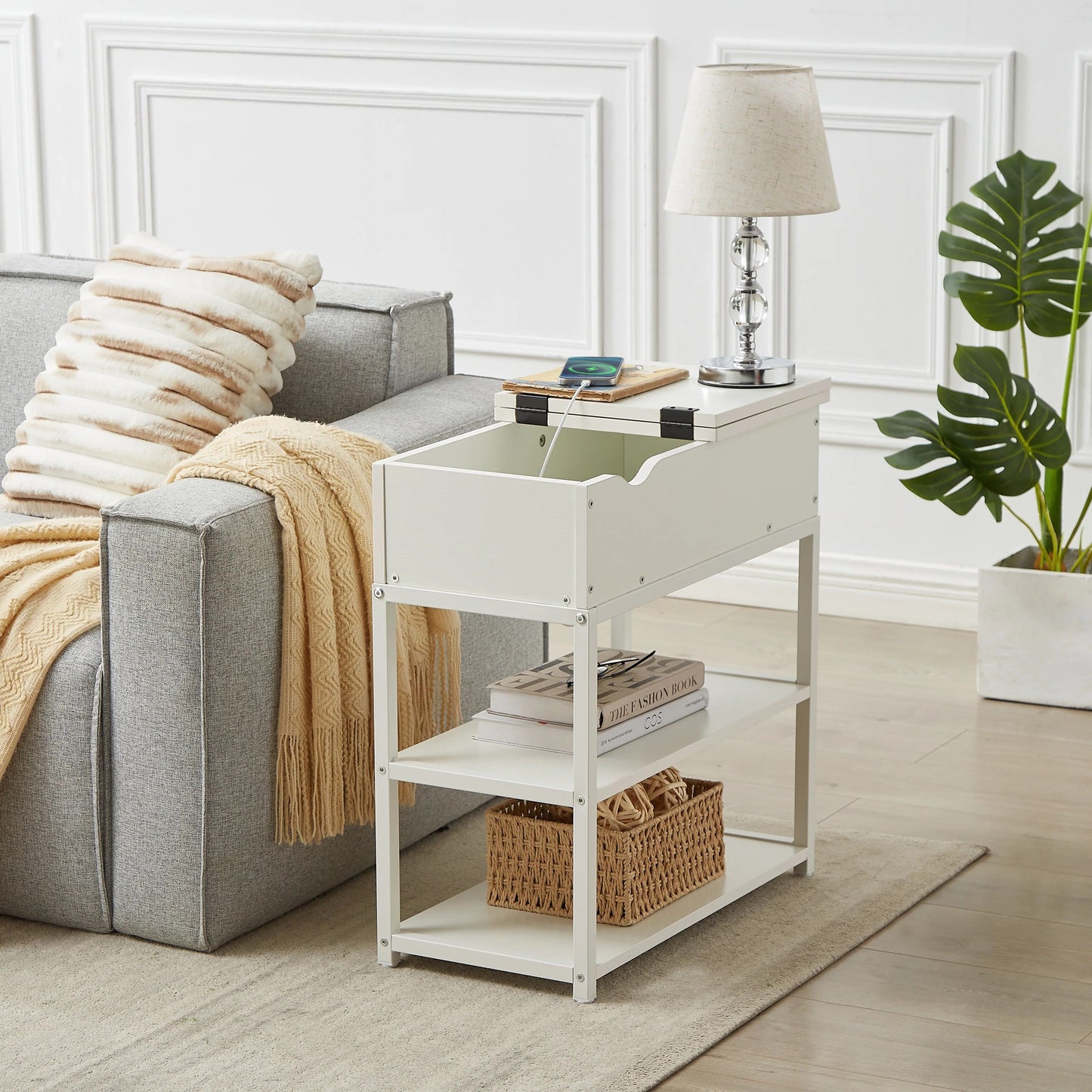 Robson Bedside Tables Multi-Tier with Powerboard - White