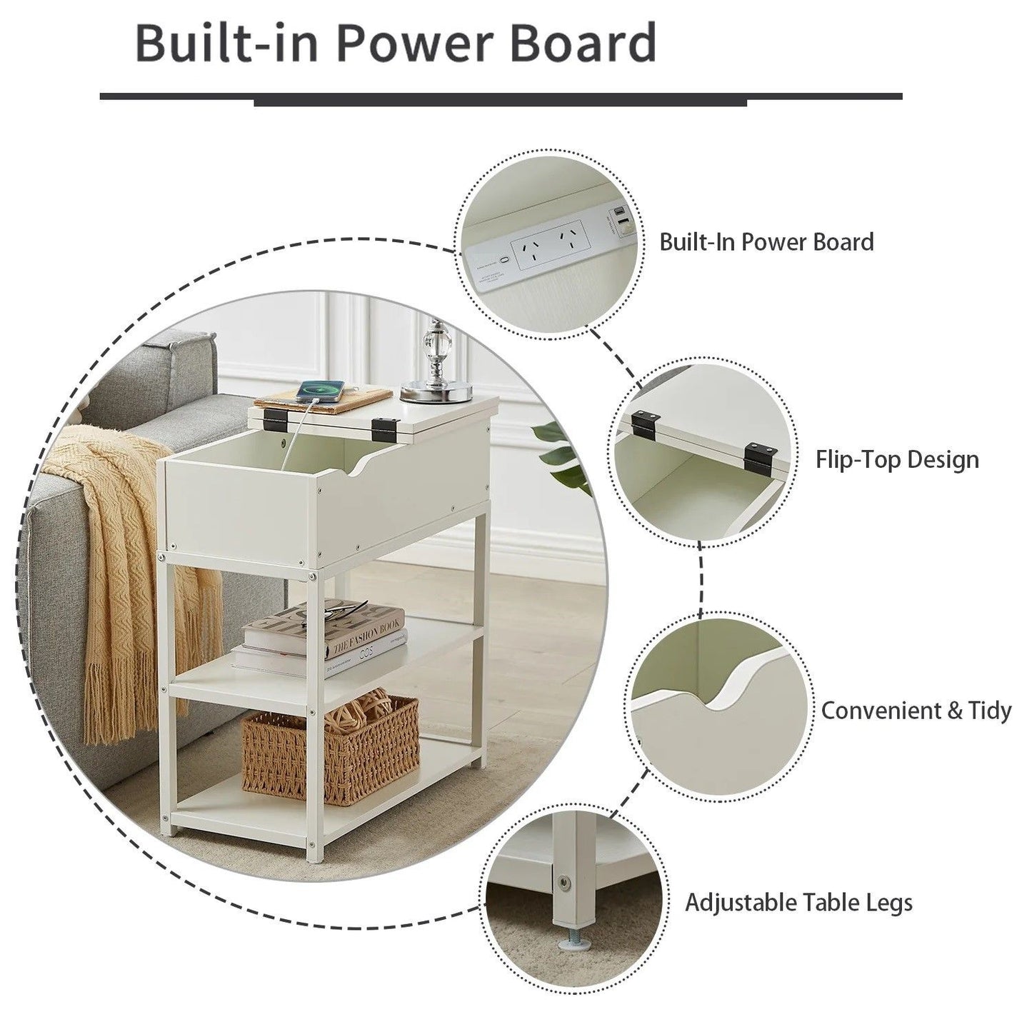 Robson Bedside Tables Multi-Tier with Powerboard - White