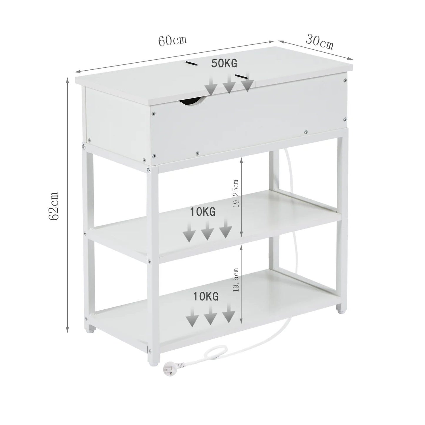 Robson Bedside Tables Multi-Tier with Powerboard - White