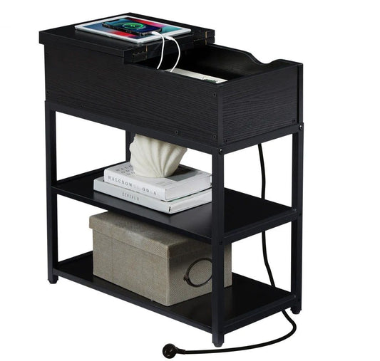 Ismene Compact 3-Tier Sofa Side End Table with Powerboard - Black