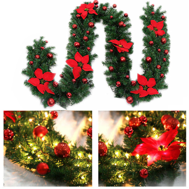 9ft Red Christmas Garland with LED Light Xmas Artificial Wreath Stairs Rattan Decor