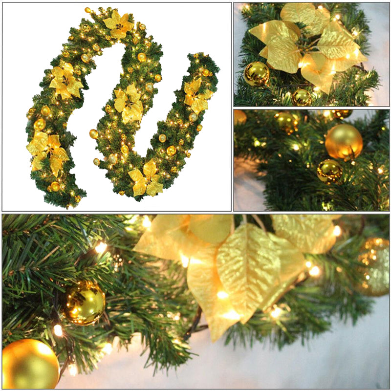 9ft Yellow Christmas Garland with LED Light Xmas Artificial Wreath Stairs Rattan Decor