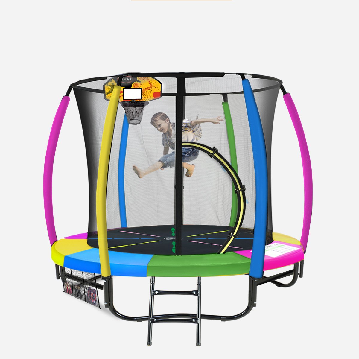 Ciprian 8FT Kids Trampoline Fitness Exercise Gymnastics with Safety Enclosure Basketball Hoop Set - Rainbow