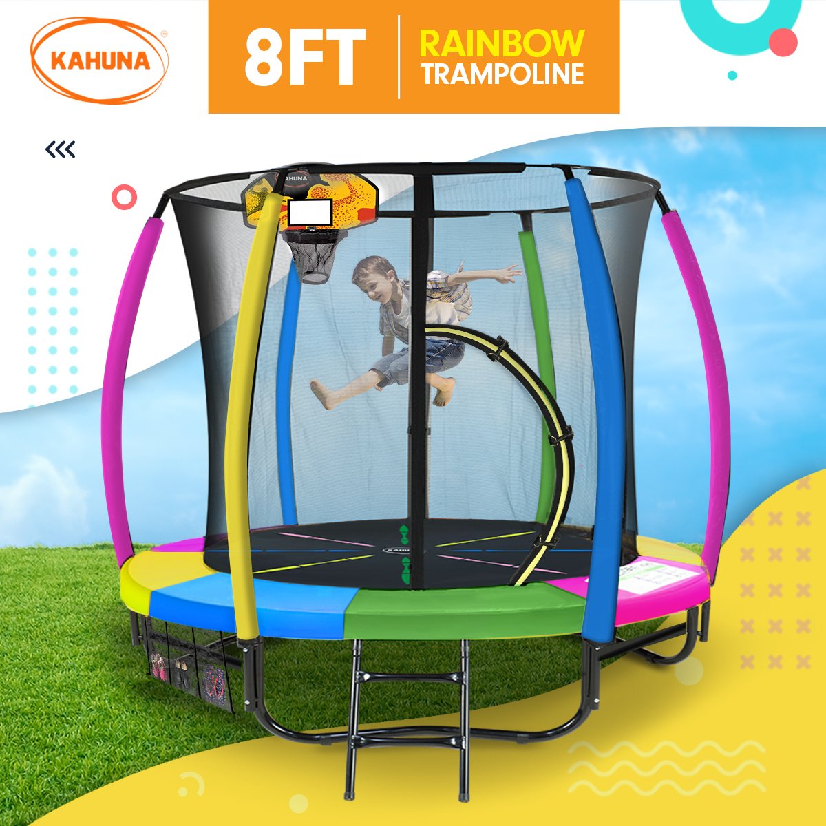 Ciprian 8FT Kids Trampoline Fitness Exercise Gymnastics with Safety Enclosure Basketball Hoop Set - Rainbow