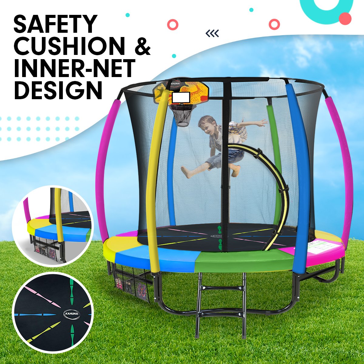 Ciprian 8FT Kids Trampoline Fitness Exercise Gymnastics with Safety Enclosure Basketball Hoop Set - Rainbow