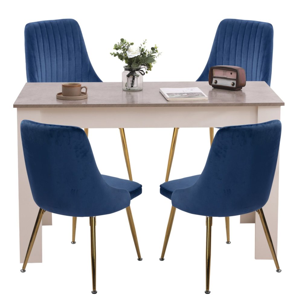 5-Piece Elvio Blue Dining Table & Chair Set Rectangular Velvet