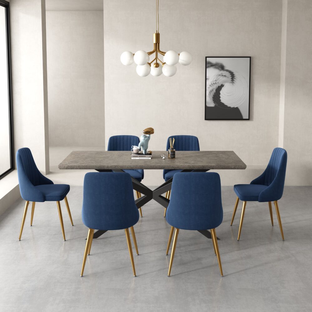 6-Piece Dario Navy Dining Table & Chair Set Rectangular Velvet Banquet ...