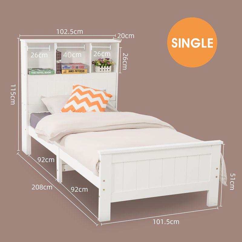 Macey Solid Pine Timber Bed Frame With Bookshelf Headboard no Drawers - White Single