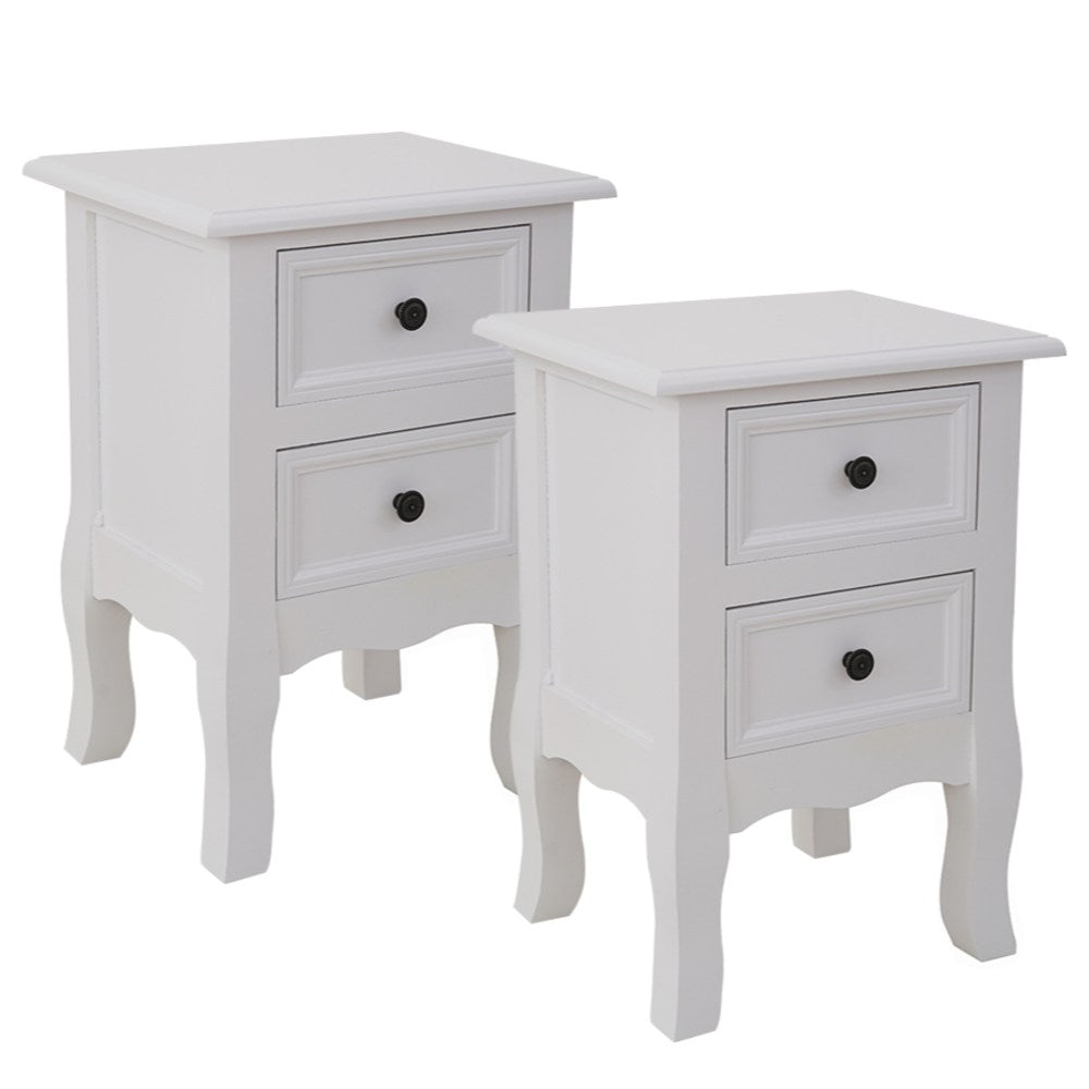 Set of 2 Kamloops Wooden Bedside Tables French Nightstand with 2 Drawers - White