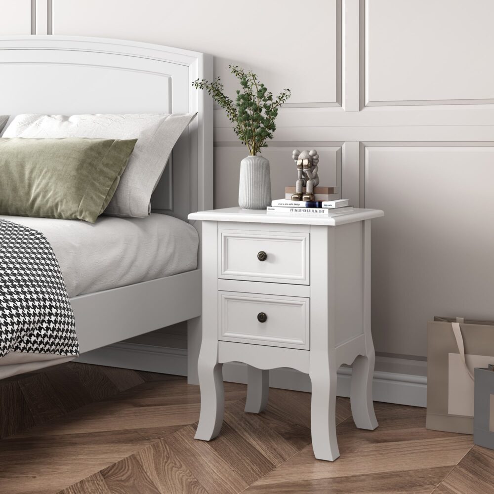 Set of 2 Kamloops Wooden Bedside Tables French Nightstand with 2 Drawers - White