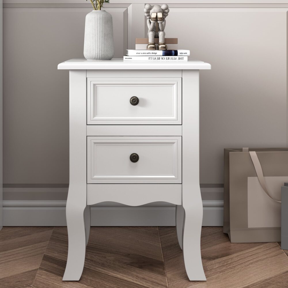 Set of 2 Kamloops Wooden Bedside Tables French Nightstand with 2 Drawers - White