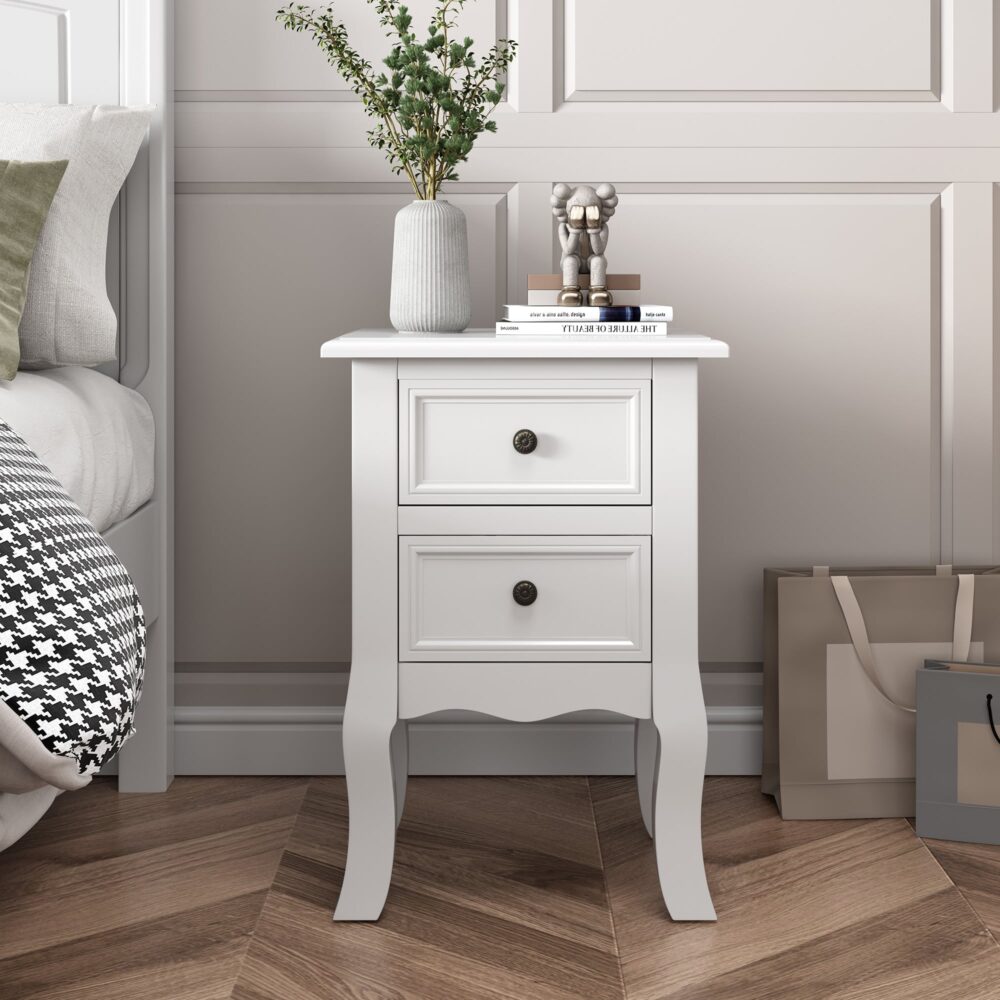 Set of 2 Kamloops Wooden Bedside Tables French Nightstand with 2 Drawers - White