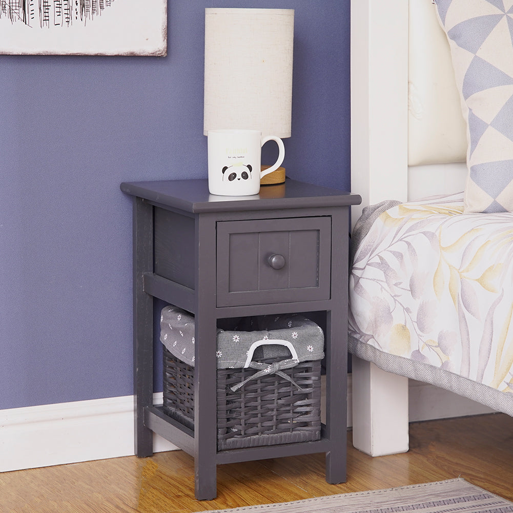 Belleville Wooden Bedside Tables with Wicker Basket - Grey