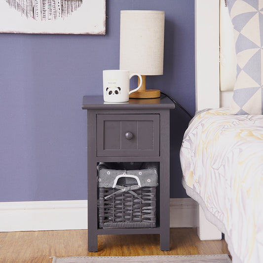 Belleville Wooden Bedside Tables with Wicker Basket - Grey