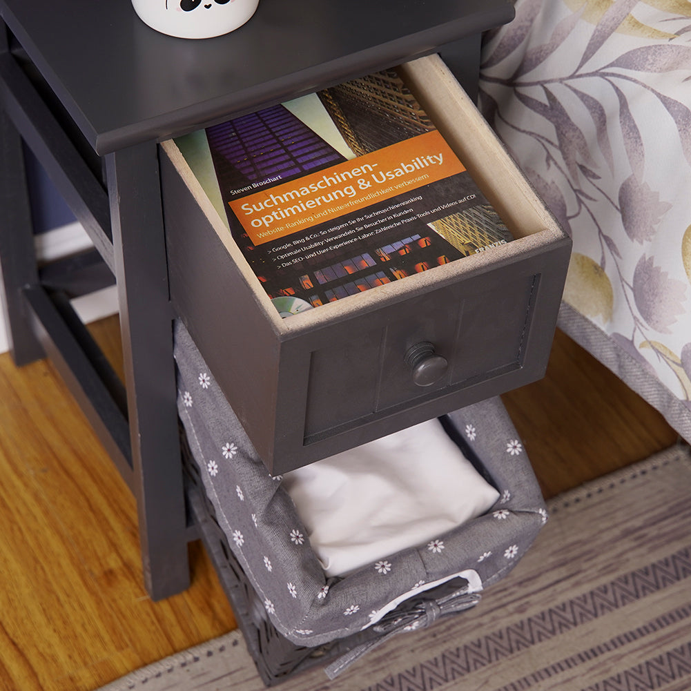 Belleville Wooden Bedside Tables with Wicker Basket - Grey