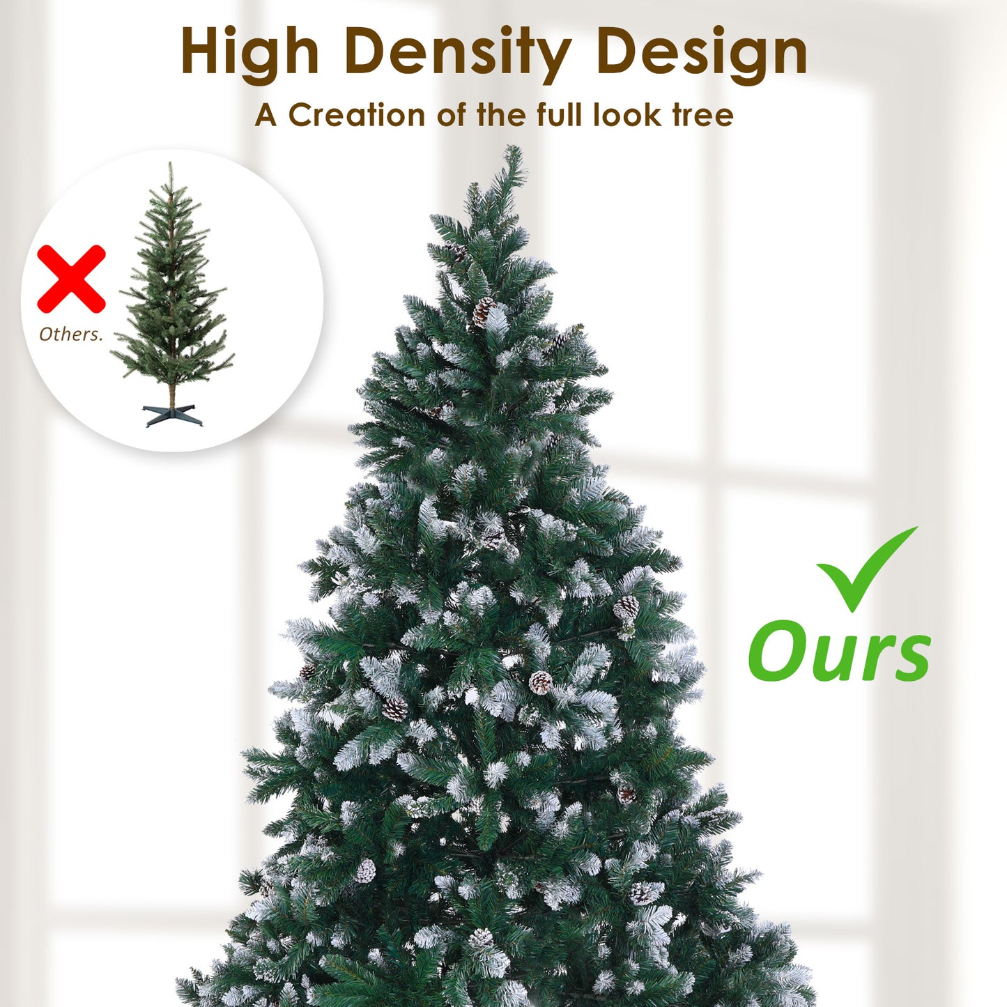 7ft 2.1m 1290 Tips Snowy Christmas Tree Xmas Pine Cones + Bauble Balls Green