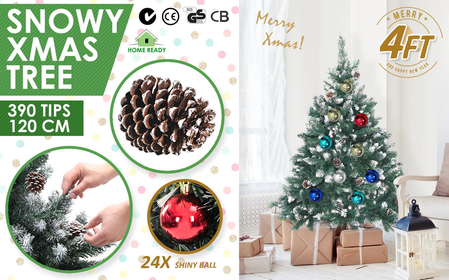 4ft 1.2m 390 Tips Snowy Christmas Tree Xmas Pine Cones + Bauble Balls Green