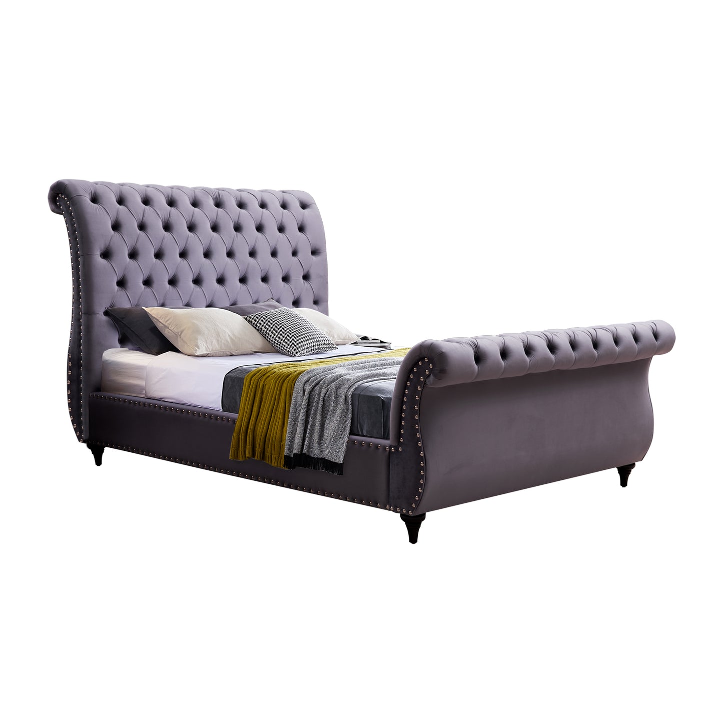 Galene Sleigh Bedframe Velvet Upholstery Tufted Headboard And Footboard Deep Quilting - Grey King