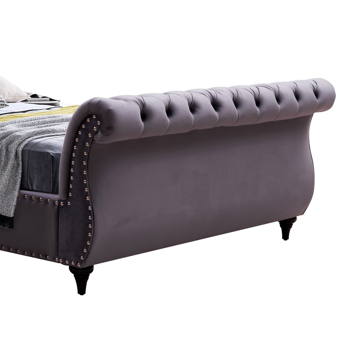 Galene Sleigh Bedframe Velvet Upholstery Tufted Headboard And Footboard Deep Quilting - Grey King